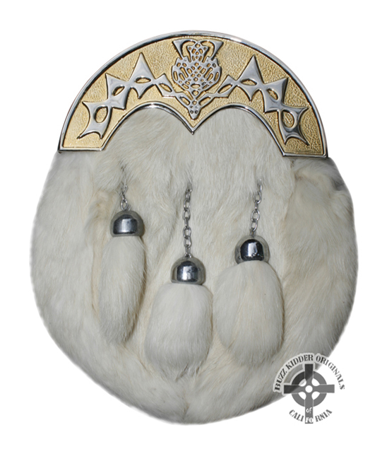 Alba Antique Big Thistle Cantle White Rabbit Kilt Sporran & Chains Gift Boxed 