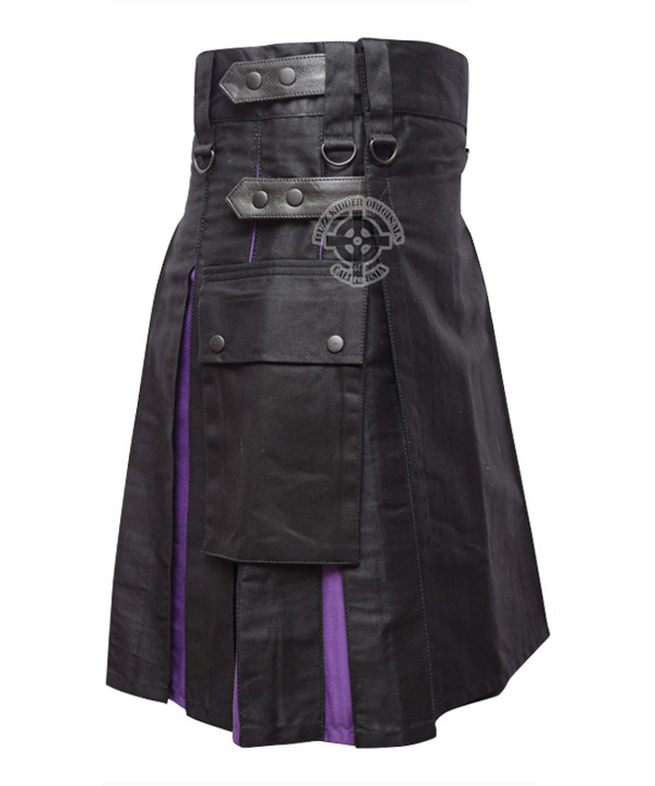 Black With Purple Cotton Hybrid Decent Box Pleat Utility Kilt Attached ...
