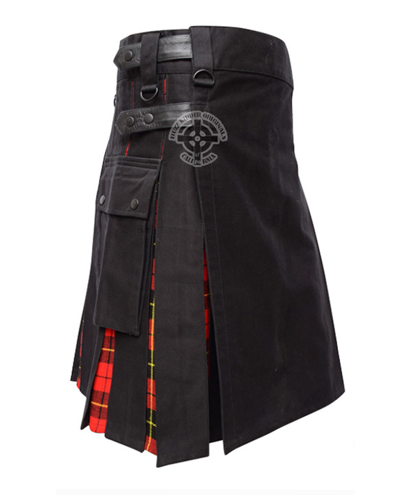 Black and Wallace Modern Tartan Hybrid Decent Box Pleat Utility Kilt Attached pockets
